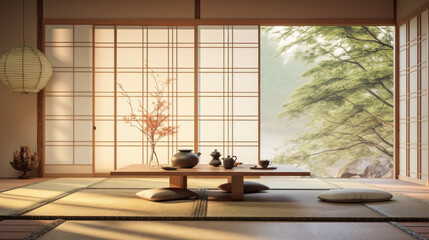 Fototapeta na wymiar Minimalist Japanese Zen Retreat: A serene room with Japanese-inspired decor, tatami mats, shoji screens, and a peaceful Zen ambiance