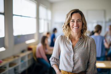 Portrait of a smiling teacher in casual clothes, in the middle of her classroom