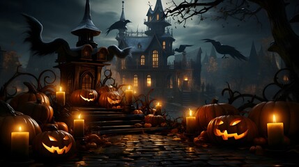 Halloween background with Evil Pumpkin. Spooky scary dark Night forrest with haunted house. Holiday...
