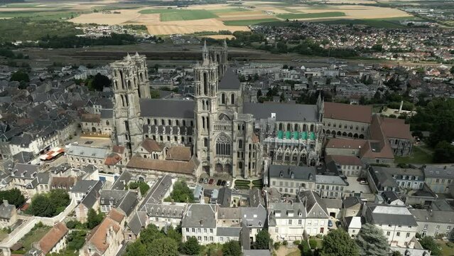 Close-Up Cathedral Notre-Dame Laon France Medieval Town Historic Aerial View
