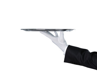 Waiter holding an empty silver tray with copy space. PNG file, trnsparent background - 651061185