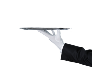 Waiter holding an empty silver tray with copy space. PNG file, trnsparent background