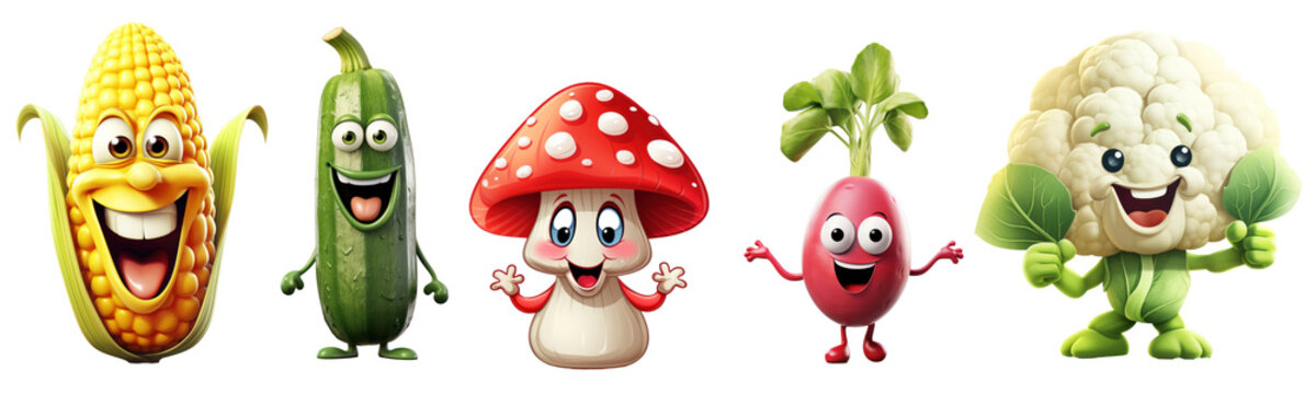 Funny vegetables with faces, cartoon, isolated, corn, zucchini, mushroom, radishes, cauliflower