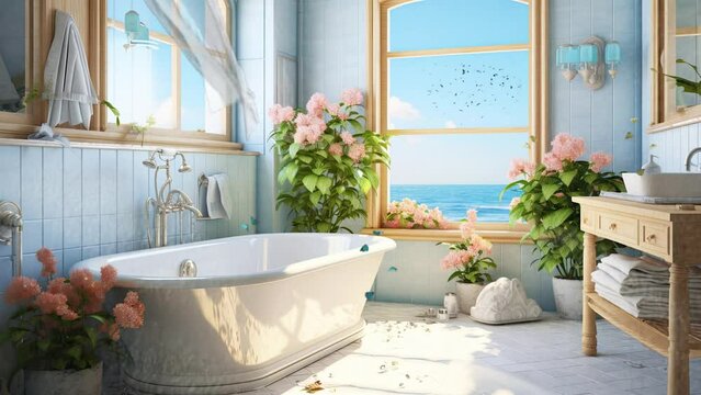 bathroom interior with bathtub with windows view sea.  animated background in Japanese anime  illustration style. seamless looping video animated background