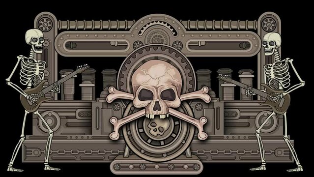 cartoon, animation Mechanical Texture with skull, dieselpunk