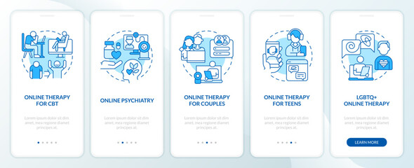 Fototapeta na wymiar 2D icons representing online therapy mobile app screen set. Walkthrough 5 steps blue graphic instructions with thin line icons concept, UI, UX, GUI template.
