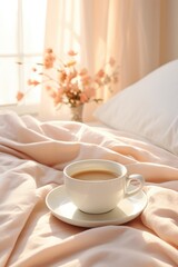 Fototapeta na wymiar Cozy photo. A cup of coffee, a blanket by the window
