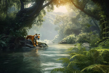 tiger in the river - Powered by Adobe