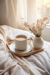 Fototapeta na wymiar Cozy photo. A cup of coffee, a blanket by the window