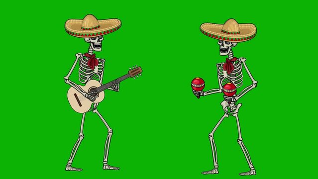 animated, mexican skeleton in sombrero with guitar with chroma key