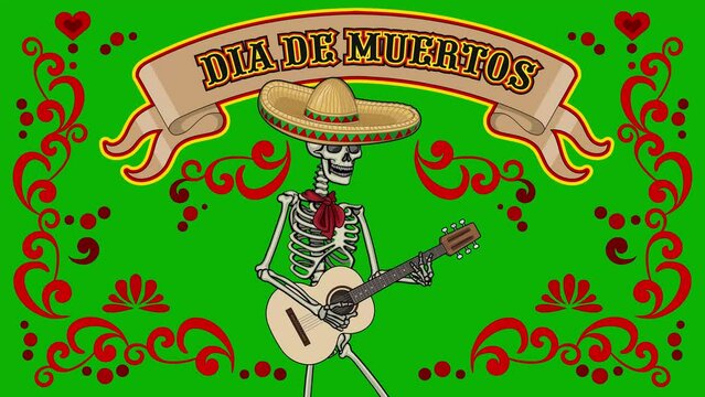 animated, mexican skeleton in sombrero with guitar with chroma key
