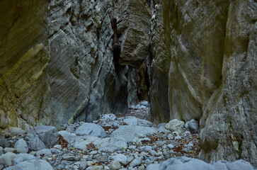 Natural scenery from the famous Ridomo gorge in Taygetus Mountain. located near Kentro Avia and Pigadia Villages in Mani area, Messenia, Greece