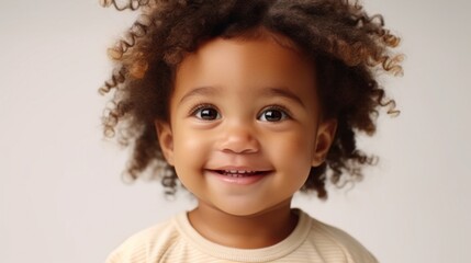 Naklejka premium A joyful African American toddler with a charming smile on a neutral beige background.