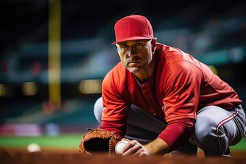 Baseball player practicing with classic ball in a stadium - Powered by Adobe
