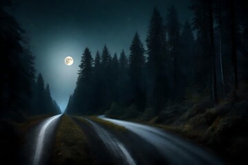 the moon brightness of early morning on the road, into the dark forest,