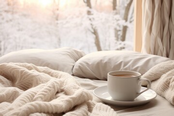 Cozy photo. A cup of coffee, a blanket by the window, winter