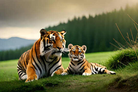tiger in wild forest bright background