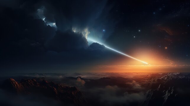 A comet flying in the lower atmosphere of the earth over mountains and rivers