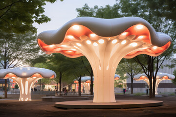 Giant mushroom sculptures made from recycled materials catch the eye in an urban park, serving as an art installation aimed at environmental awareness - obrazy, fototapety, plakaty