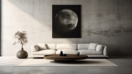 Monochromatic Zen: A minimalist black and white palette with a low-profile sofa and a polished concrete coffee table fosters a sense of calm and balance with the moon picture on the wall