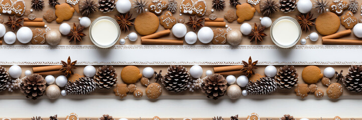 Fototapeta na wymiar Seamless. A background image featuring Christmas desserts and pinecones, creating a cozy and festive atmosphere, making it ideal for showcasing holiday treats. Photorealistic illustration