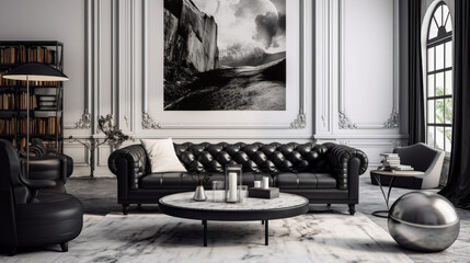Monochrome Elegance: Black and white dominate this space with a black leather sofa, a white marble coffee table, and high-gloss black shelves displaying art and decor