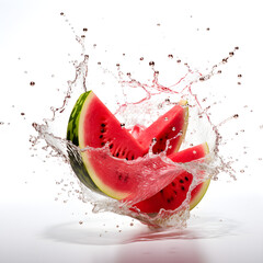 drink wave splash with watermelon, water splash and fruit beverage with berry, Realistic flow of refreshment