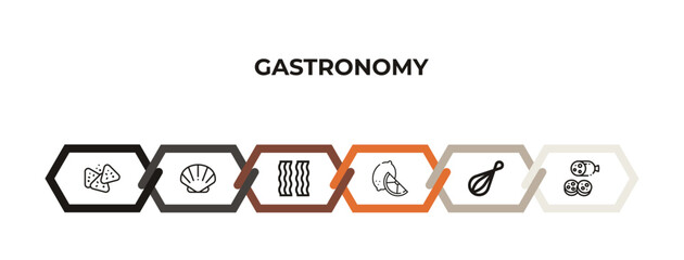 nachos, oyster, bacon, lime, whisk, salami outline icons. editable vector from gastronomy concept. infographic template.