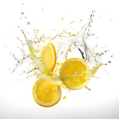 drink wave splash with lemon, water splash and liquid beverage with citrus fruit slices, water drops. Realistic flow of refreshment