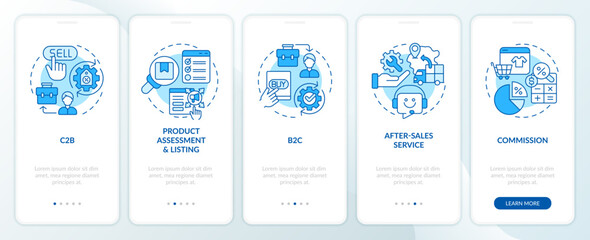 2D blue icons representing C2C mobile app screen set. Walkthrough 5 steps graphic instructions with linear icons concept, UI, UX, GUI template.