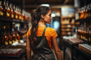 Foto op Plexiglas Saleswoman in apron, on background of grocery department of store. © sofiko14