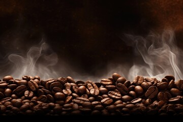 coffee beans on a dark background, smoke from beans. background, texture, copy space