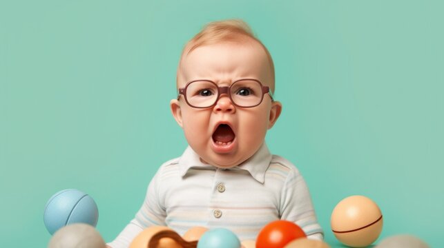 A furious infant against a blue studio setting.