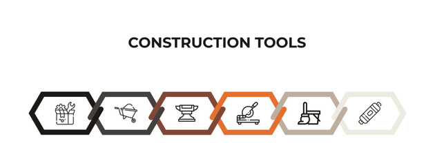 garage screwdriver, wheel barrow, anvil, circular saw, cleaning mop, bolster outline icons. editable vector from construction tools concept. infographic template.