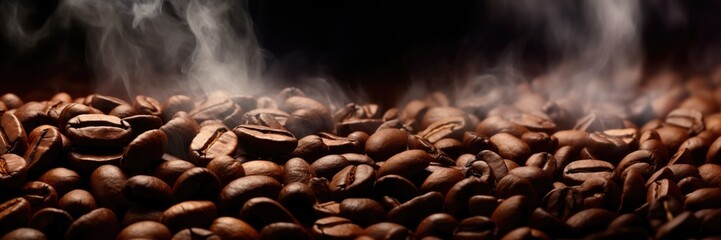 coffee beans on a dark background, smoke from beans. background, texture, copy space - obrazy, fototapety, plakaty