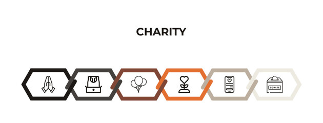 praying, clothes donation, ballons, plant heart, charity app, cash box outline icons. editable vector from charity concept. infographic template.