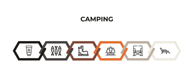sun lotion, sardine, boot, pines, camp chair, deck chair outline icons. editable vector from camping concept. infographic template.