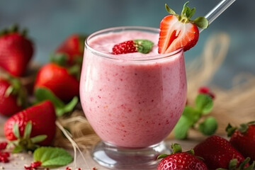 Appetizing homemade strawberry smoothie in glass, Generative AI