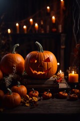 Halloween. Pumpkins and ominous jack o' lanterns illuminated by candles, dark background. Generative AI