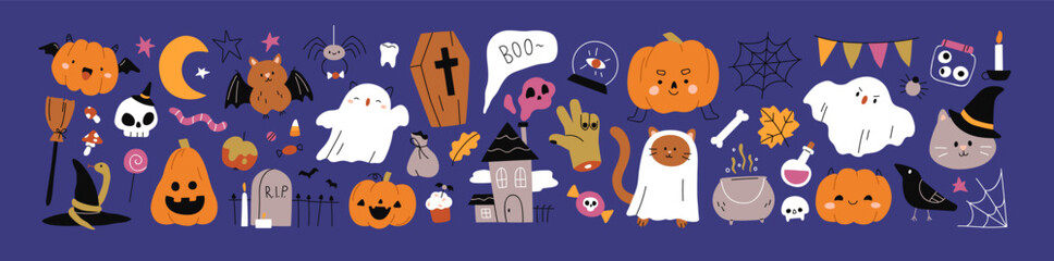 Cute Halloween set. Funny pumpkin, kawaii ghost, bat, web, broom, coffin. October holiday design elements, stickers, cat in witch hat, skull. Isolated kids childish flat graphic vector illustrations © Good Studio