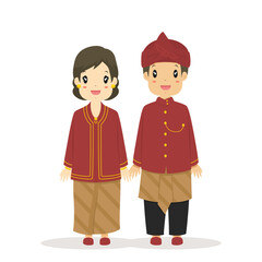 Happy couple wearing West Javanese traditional dress. West Javanese, Indonesia traditional dress cartoon vector.