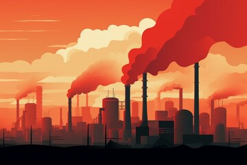 Smokestacks release pollutants as buildings emerge in smoggy cityscape veiled by fog, depicted in a flat style. Generative AI