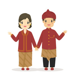 Happy couple wearing West Javanese traditional dress waving hands, greeting hand gesture. West Javanese, Indonesia traditional dress cartoon vector.
