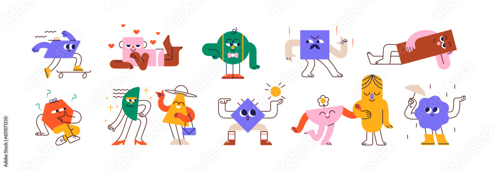 Poster cute funny geometric characters set. comic shapes, geometry figures, rectangle, triangle, circle wit