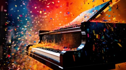 World music day banner with piano keyboard on abstract colorful dust background. Music day event and musical instruments colorful design