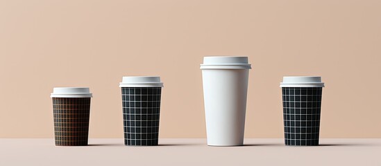 Various sizes of white takeaway coffee cups made of paper carton or cardboard are shown in an isolated collection with a checkered background an assortment of packaging mockup templates