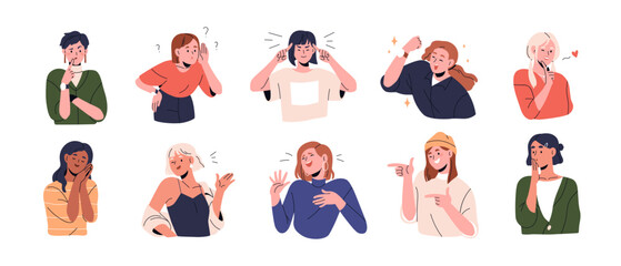 Girl character with different face expressions, hand gestures. Young women, happy, puzzled, surprised emotions. Female expressing moods. Flat graphic vector illustrations isolated on white background