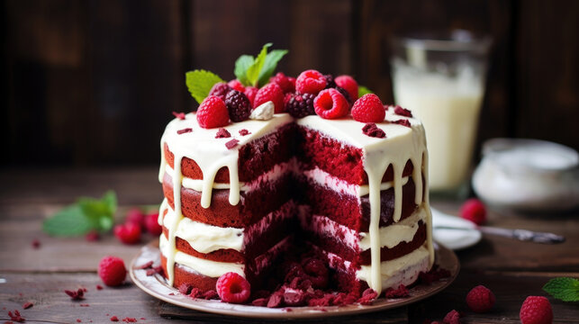 A decadent red velvet cake, a luscious dessert with rich cocoa and cream cheese frosting.