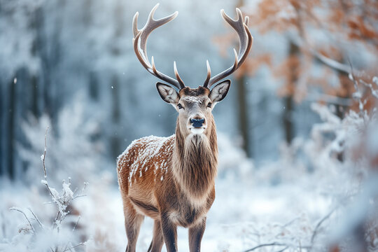 Deer in the snow, winter forest, noble deer male in snow forest, winter landscape, Christmas background, Black Forest
