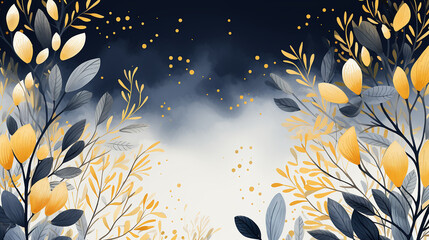 Festive flowers and leaves, Golden Watercolor Illustration, Charming floral background , festive illustration, winter dark blue